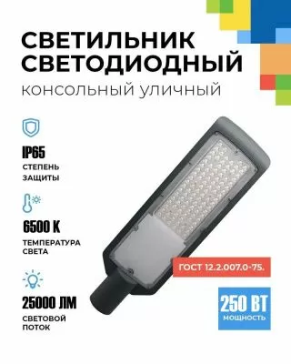 FL-LED Street  250W  Grey  6500K   660*185*30мм  25000Лм  110-240В (светильник уличный консольный LED, d-50мм)