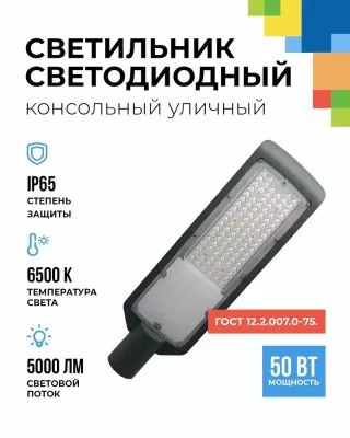 FL-LED Street   50W  Grey  6500K 400*130*27мм  5000Лм  110-240В (светильник уличный консольный LED для d-40мм)